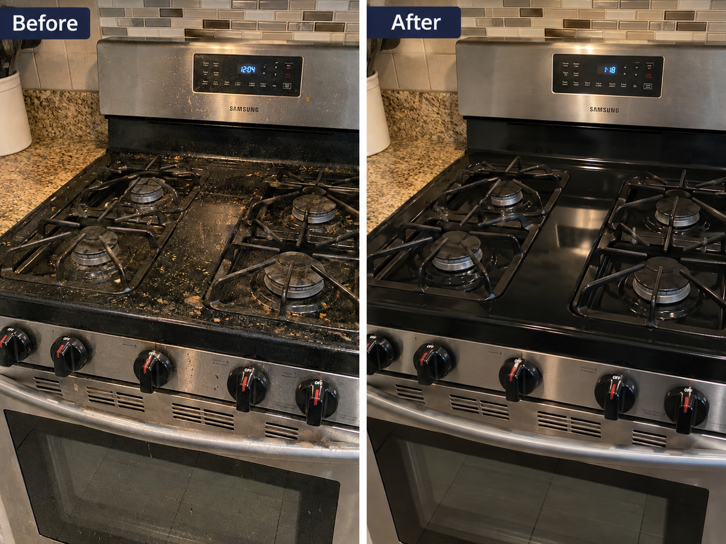 Gas stovetop before and after professional deep cleaning