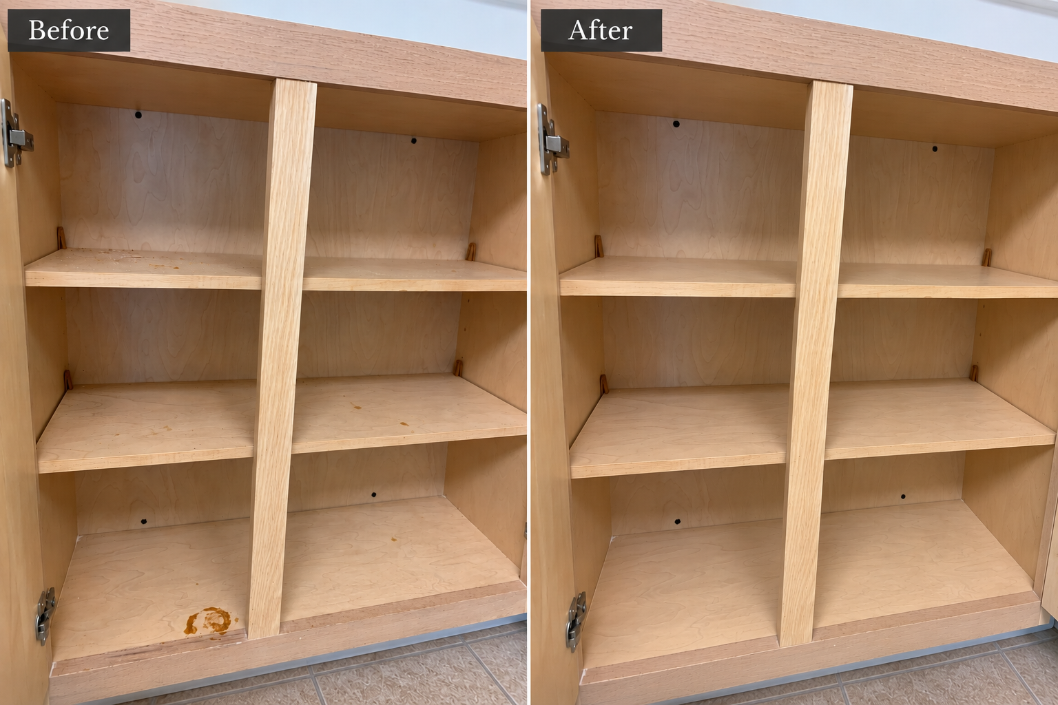 Kitchen cabinet shelves before and after professional cleaning