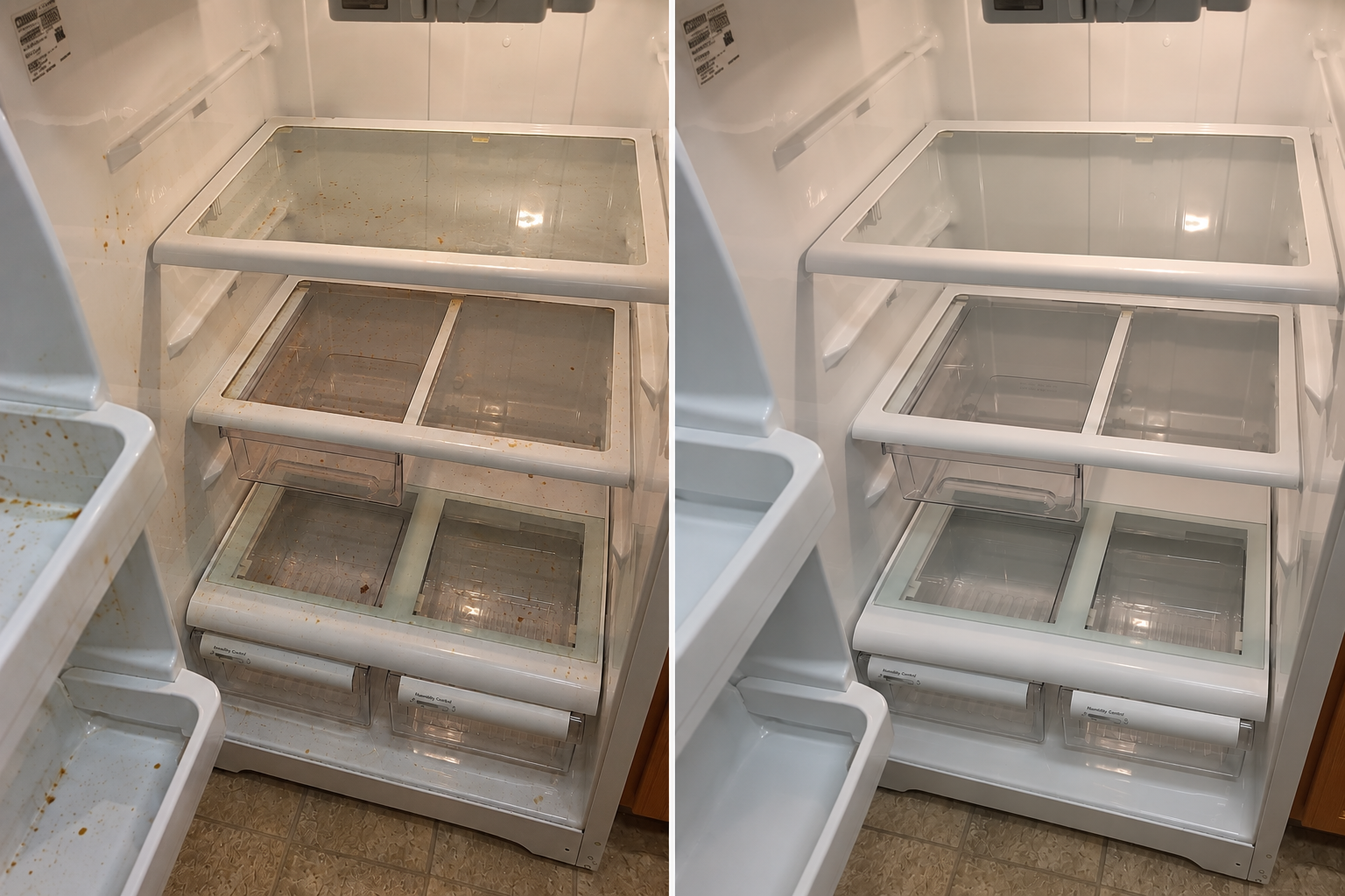 Refrigerator interior before and after professional cleaning