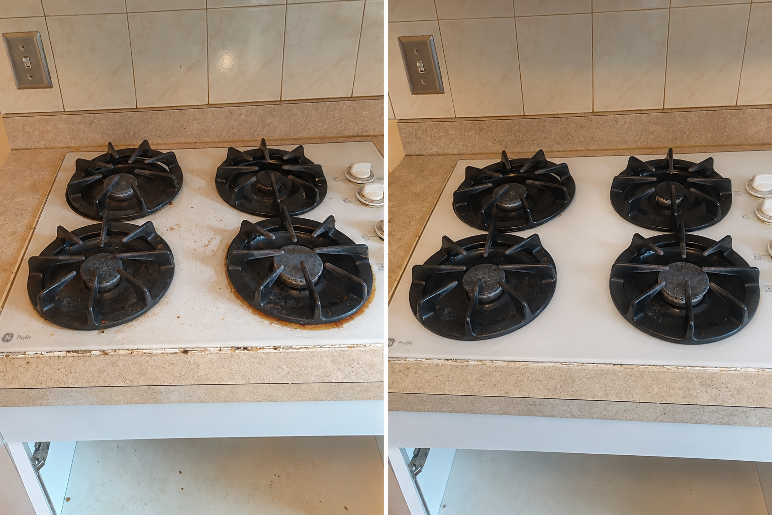 Gas cooktop before and after professional detailed cleaning