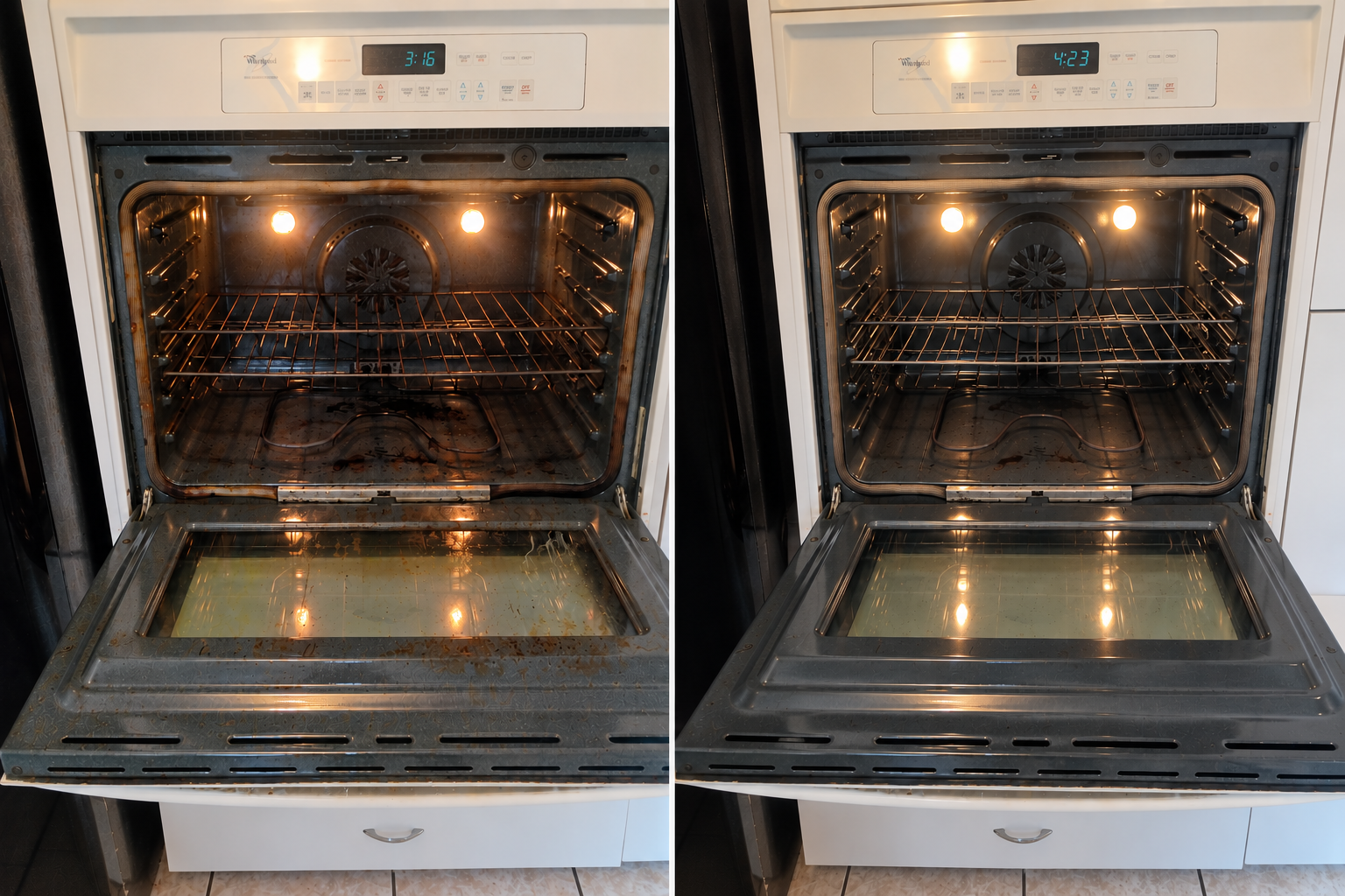 Oven interior before and after professional deep cleaning