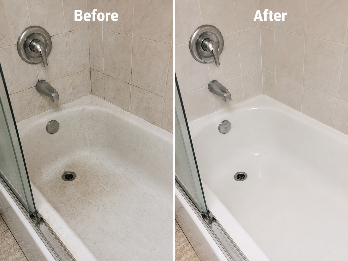 Bathtub and tile before and after detailed professional cleaning