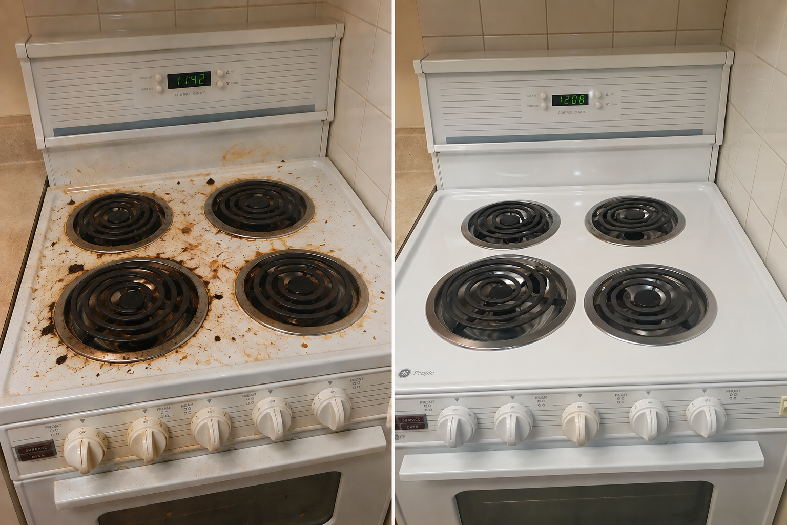 Electric stove before and after professional deep cleaning